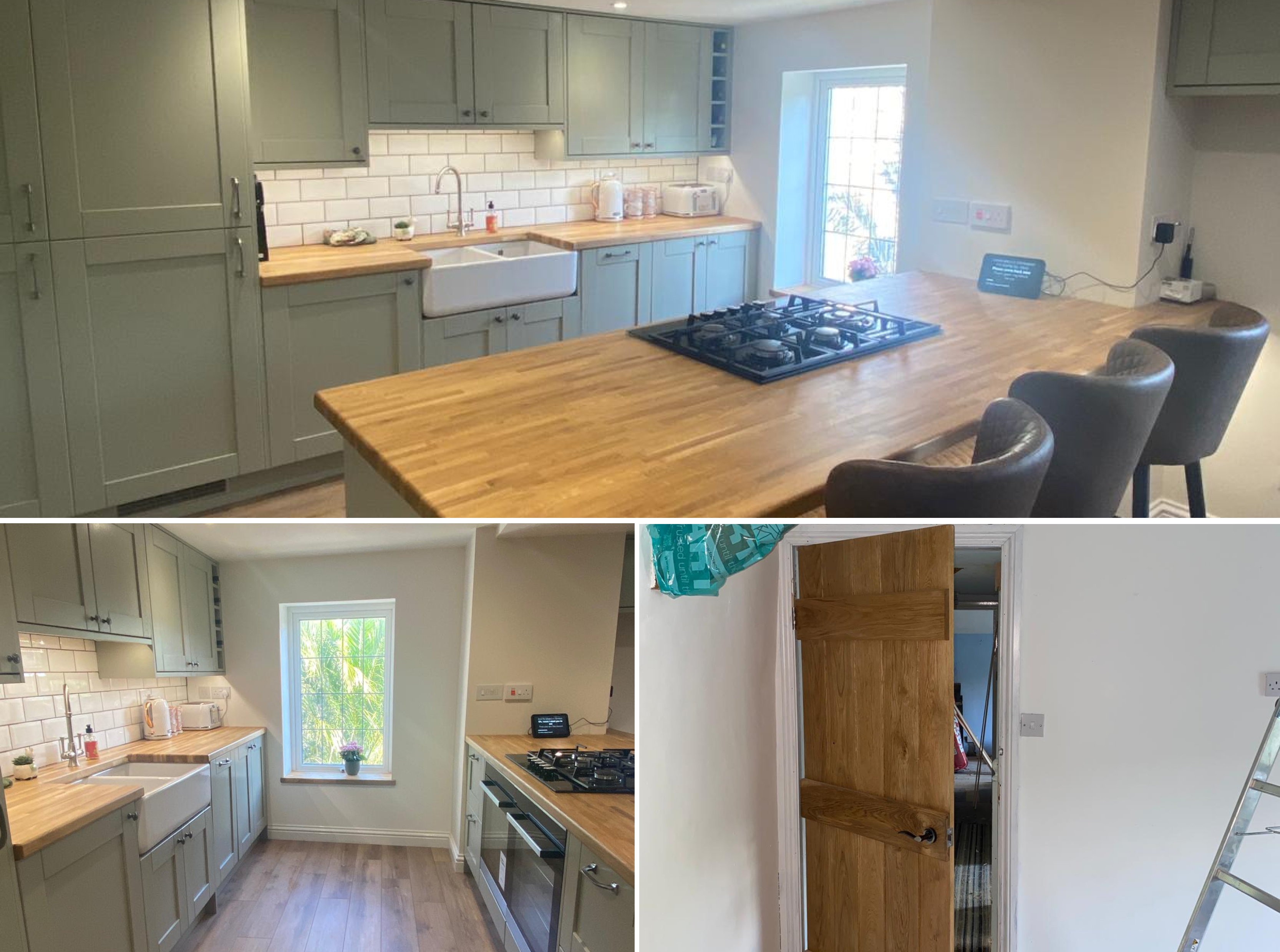 Photos of a kitchen and an Oak door